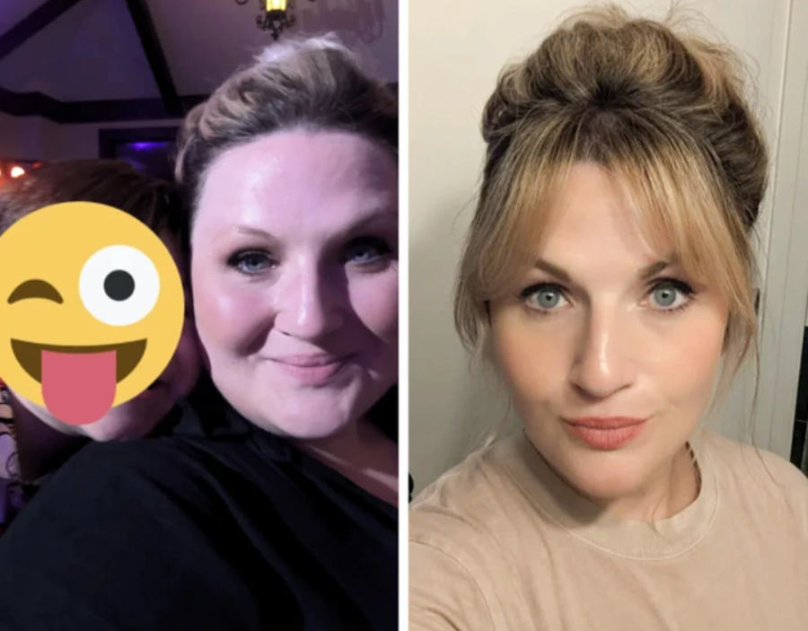 Osoba pred a po zmene účesu, vľavo s priateľom, vpravo vrkoč a ofina.