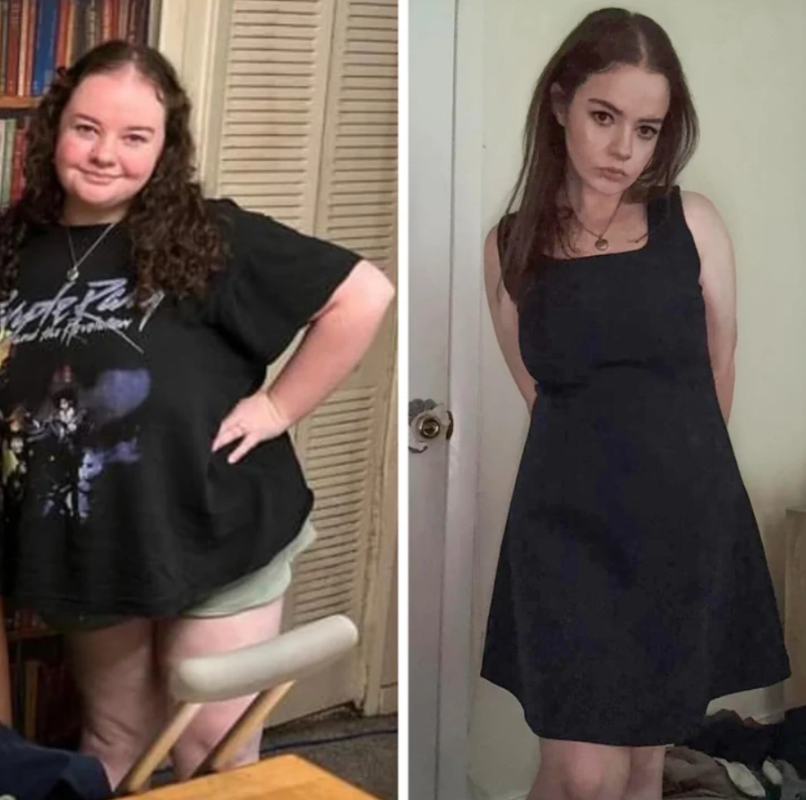 Osoba pred a po zmene hmotnosti v čiernom oblečení, ukážka premeny vzhľadu a štýlu.