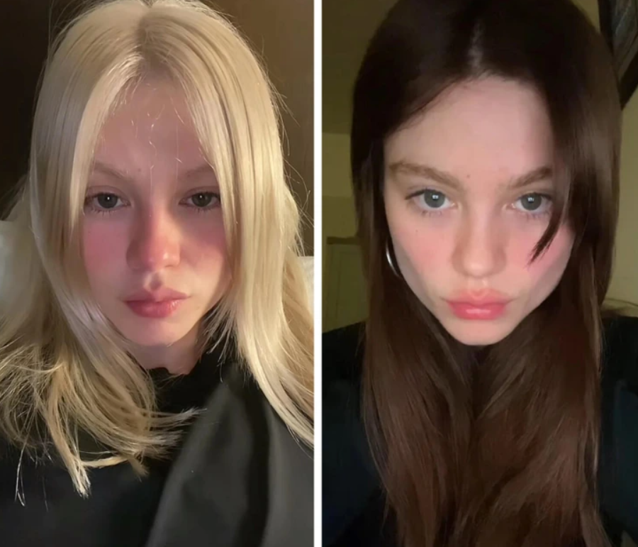 Dve fotografie dievčiny, jedna so svetlými blond vlasmi a druhá s tmavohnedými vlasmi, zmena farby účesu.
