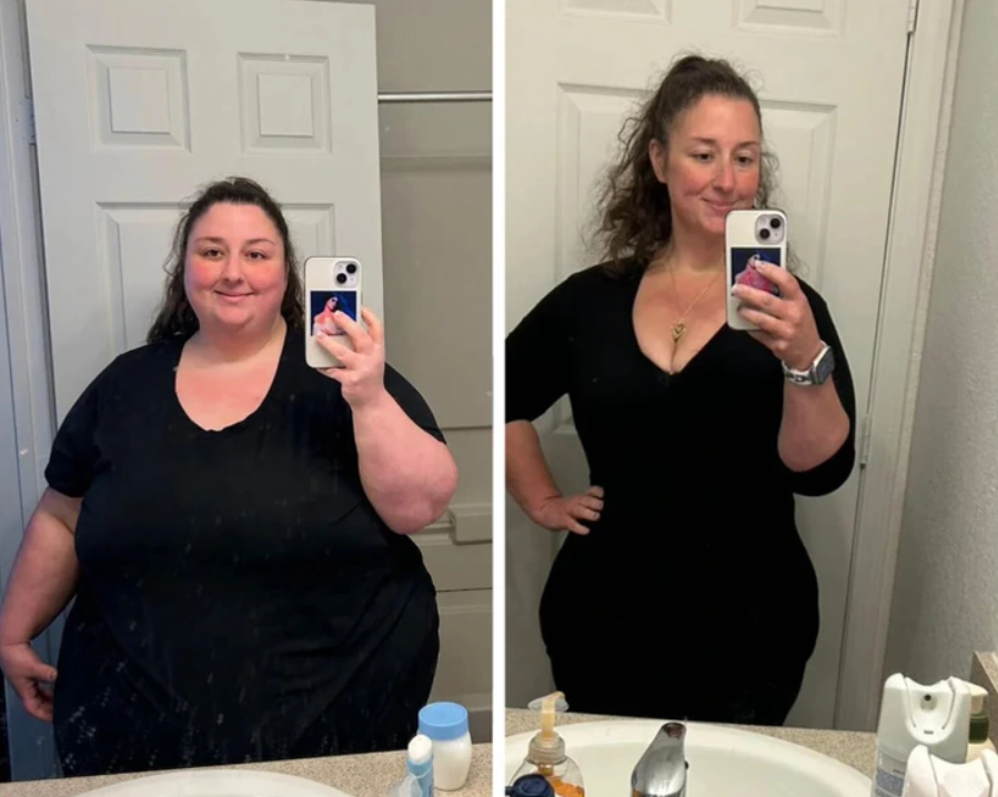 Dve fotografie ženy: pred a po chudnutí v zrkadle kúpeľne. Výrazná fyzická premena.