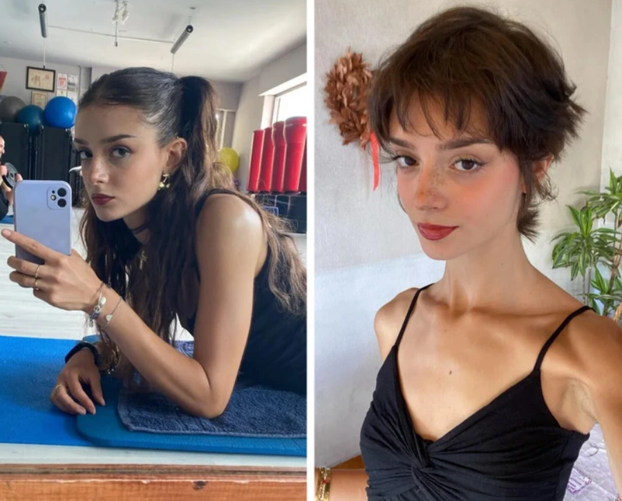 Dve fotografie ženy, pred a po zmene účesu z dlhých na krátke vlasy, s výrazom spokojnosti.