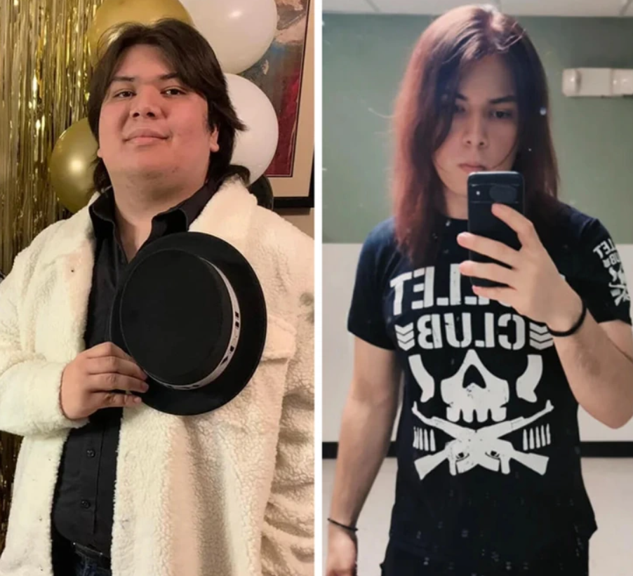 Dve fotografie osoby, naľavo v elegantnom oblečení, napravo v čiernom tričku, selfie v zrkadle.