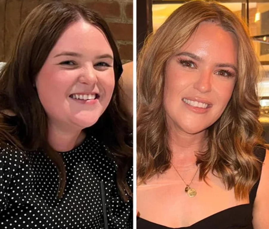 Dva portréty ženy pred a po úprave účesu a líčenia, úsmev v interiéri.