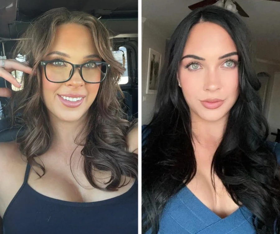 Dva portréty ženy s rozdielnymi účesmi, naľavo s okuliarmi, napravo s dlhými čiernymi vlasmi.