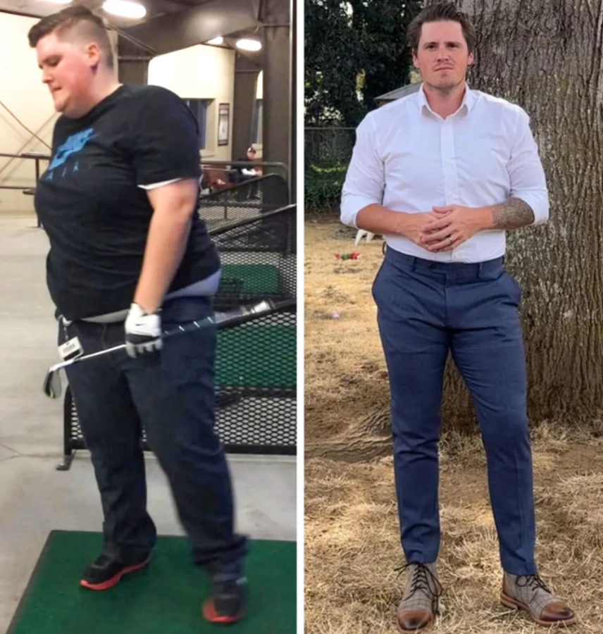 Osoba pred a po výraznej premene z hľadiska úbytku hmotnosti, zmena životného štýlu.