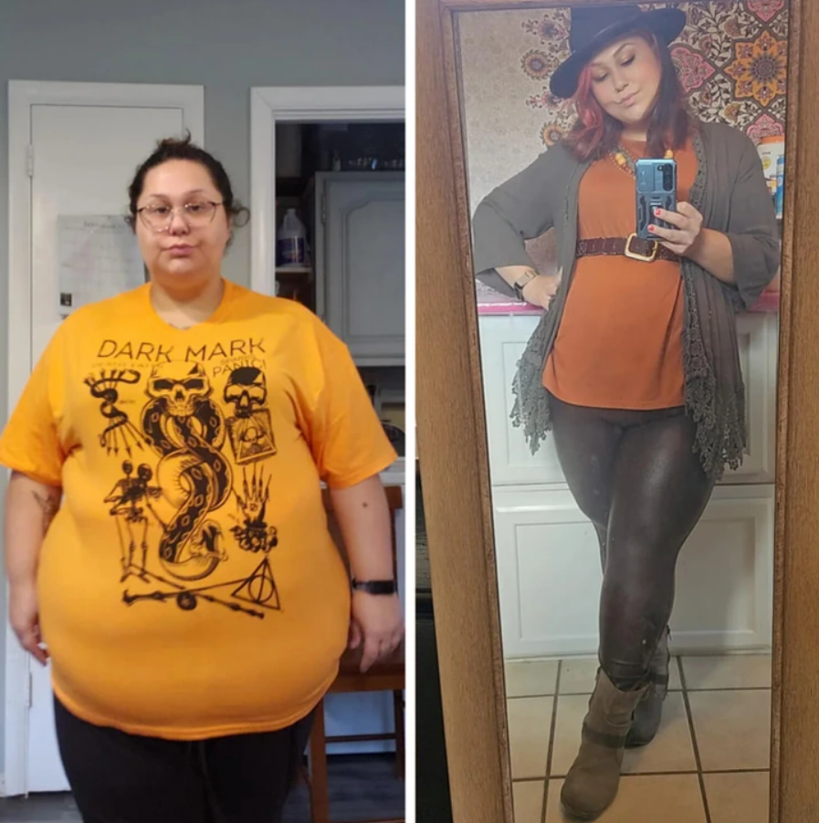 Osoba v oranžovom tričku pred a po premene s výraznou zmenou postavy a štýlu oblečenia.