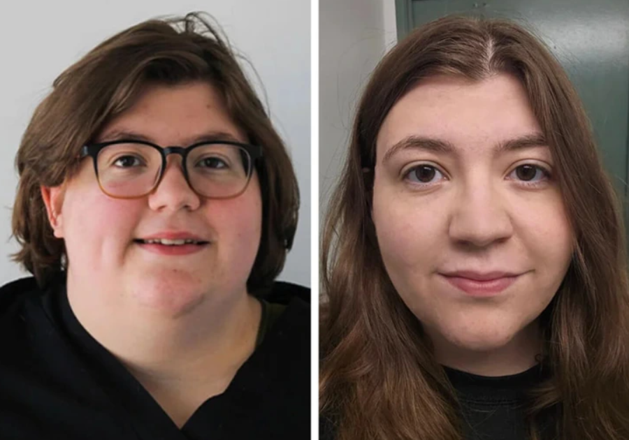 Osoba pred a po premene, zmena účesu a výraz tváre, premena imidžu.