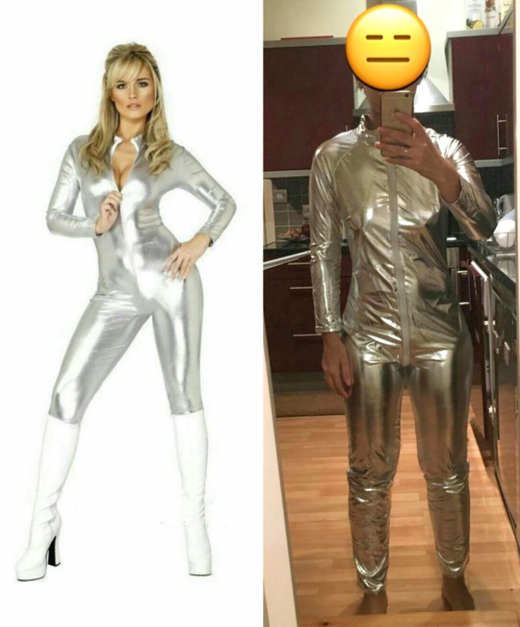 Osoba v striebornom kostýme pózuje vedľa porovnávajúcej fotografie so smajlíkom.