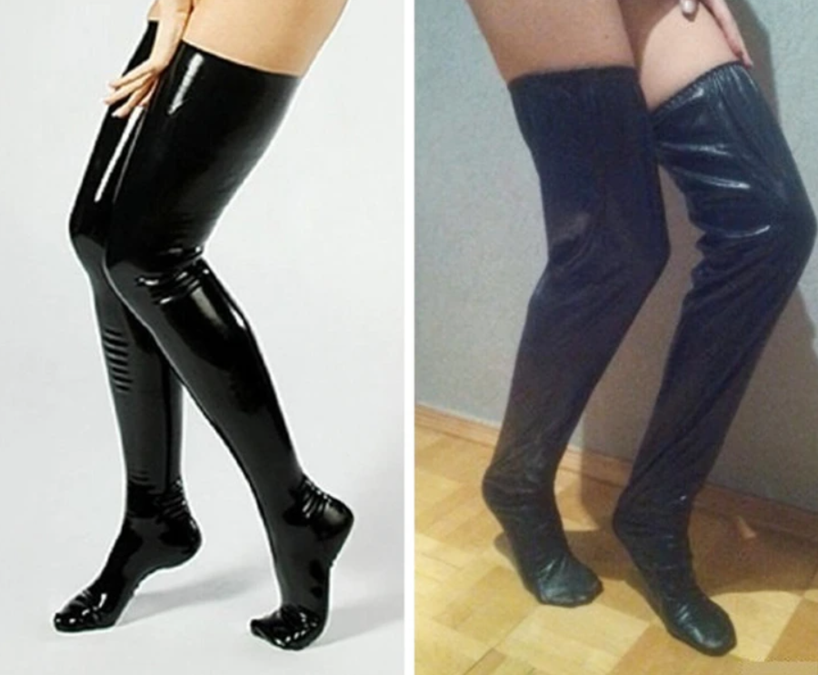 Lesklé čierne nadkolienky porovnané s realitou – ideálny a skutočný vzhľad.