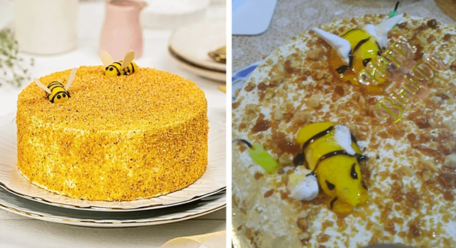 Dva medové torty s tematickými dekoráciami včiel na tanieri, pripravené na servírovanie.