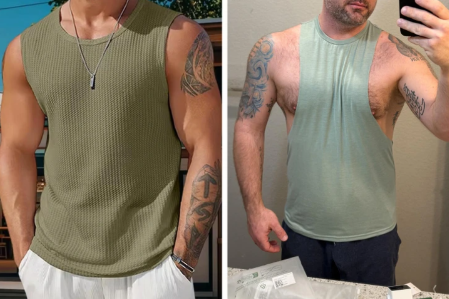 Dva muži v tielkach, rozdiel v kvalite oblečenia, vonkajšie a vnútorné prostredie, tetovania na ramenách.