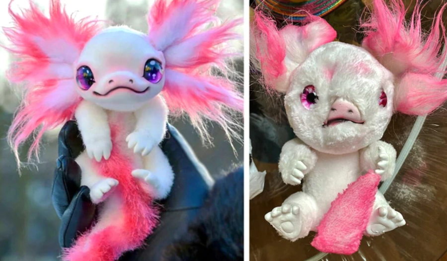 Roztomilé plyšové hračky s ružovými prvkami a veľkými očami, pripomínajúce akváriového živočícha axolotla.
