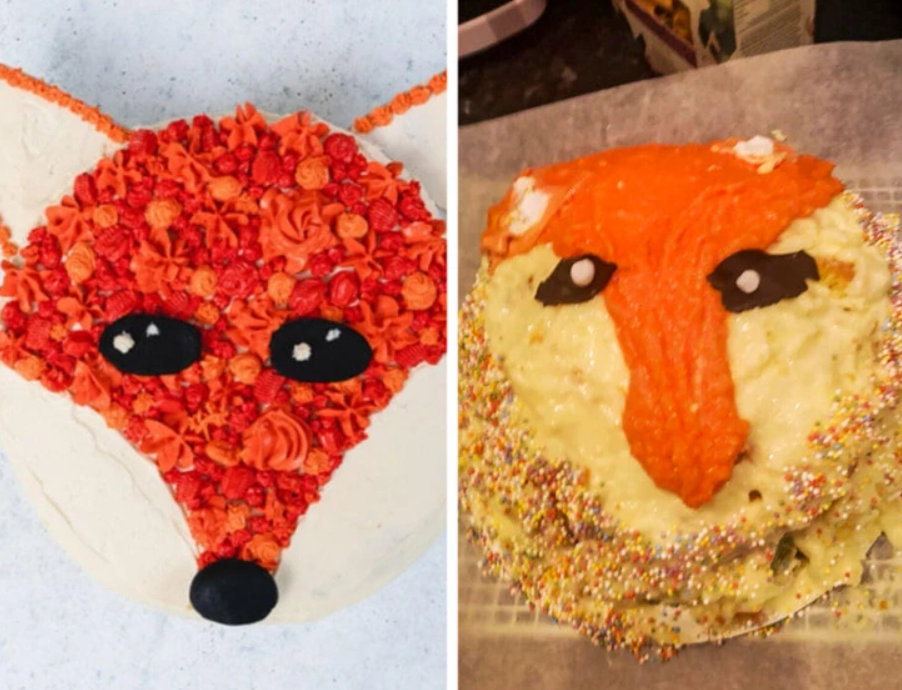 Dva koláče v tvare líšky: jeden detailný a druhý menej presný, vedľa seba na porovnanie.