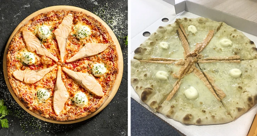 Dve nezvyčajné pizze so plátkami lososa a syrovými guľkami na čiernom pozadí a v bielej škatuli.