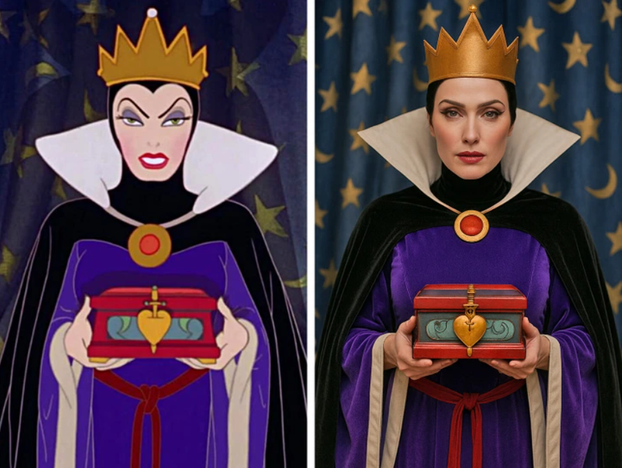 Žena v kráľovskom kostýme drží zdobenú škatuľu, porovnanie animovanej postavy a reálnej ženy.
