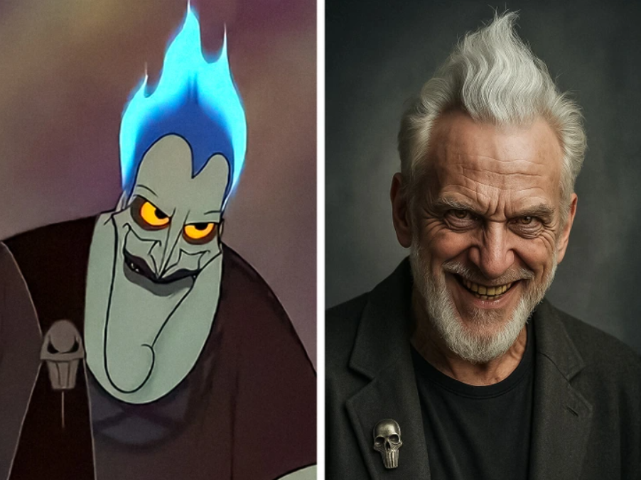 Dve podobizne: animovaný postava s modrými vlasmi a usmievajúci sa muž s bielymi vlasmi, obe majú podobný výraz.