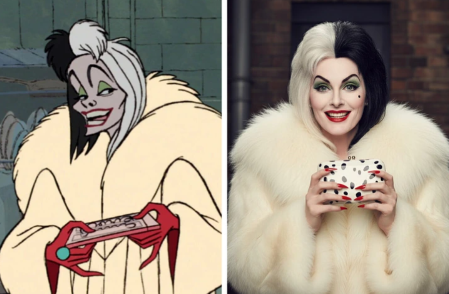 Dve verzie ženy s čierno-bielymi vlasmi v kožuchu, držiaca dekoratívne predmety.