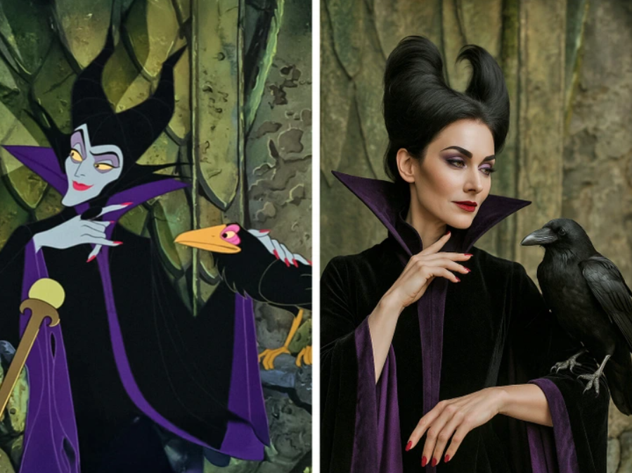 Kreslená a reálna postava s havranom na ruke, obklopené temným a mystickým prostredím, fialovo-čierne oblečenie.