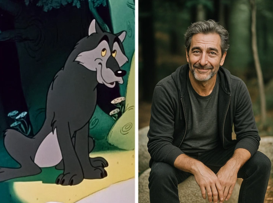 Ľavá časť: kreslený vlk v lese. Pravá časť: muž v tmavom oblečení sedí vonku a usmieva sa.