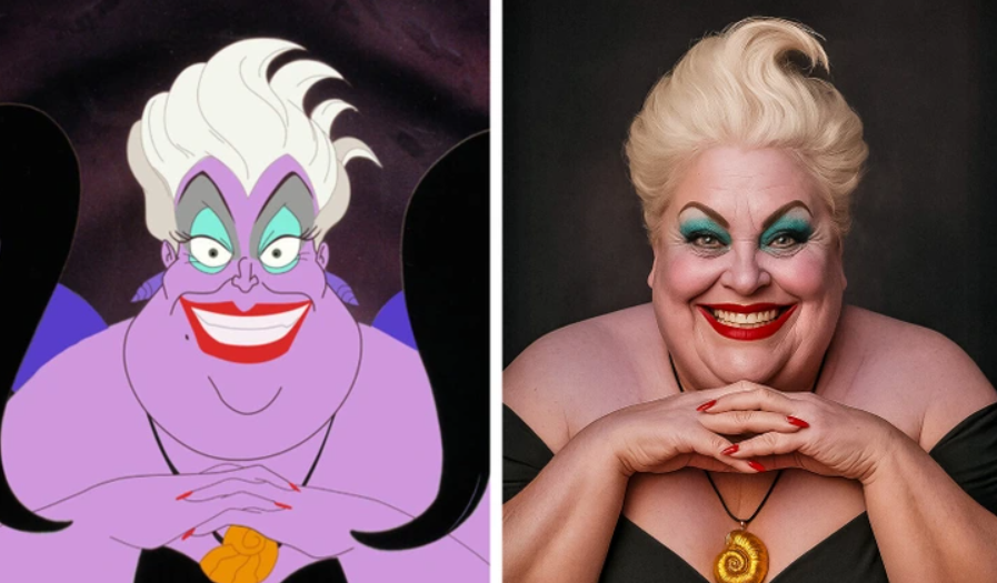 Animovaná postava vedľa človeka s podobným účesom a líčením, evokujúca ikonickú rozprávkovú scénu.