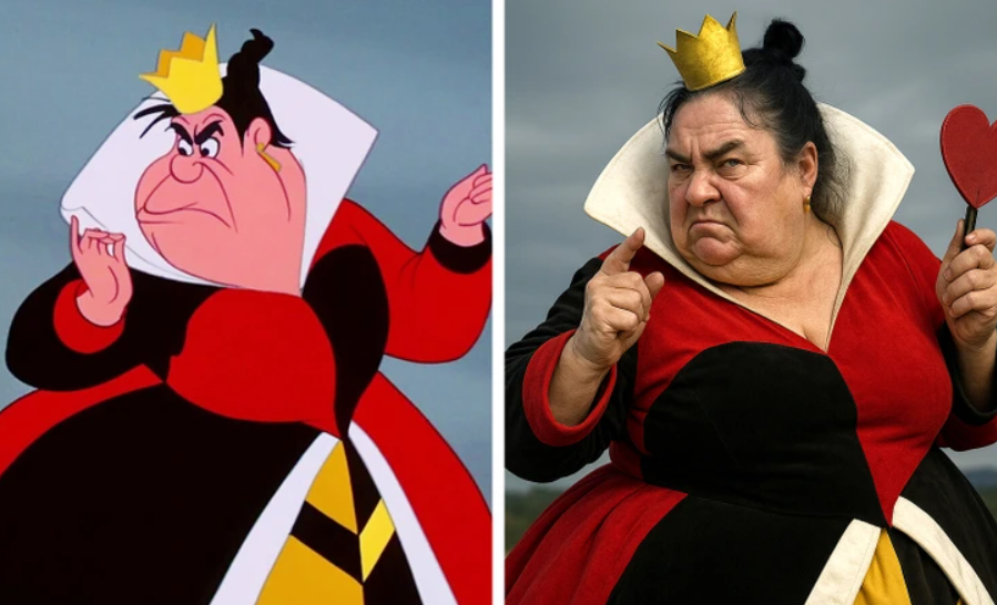 Animovaná a realistická verzia postavy kráľovnej so žltou korunou v červeno-čiernom oblečení.