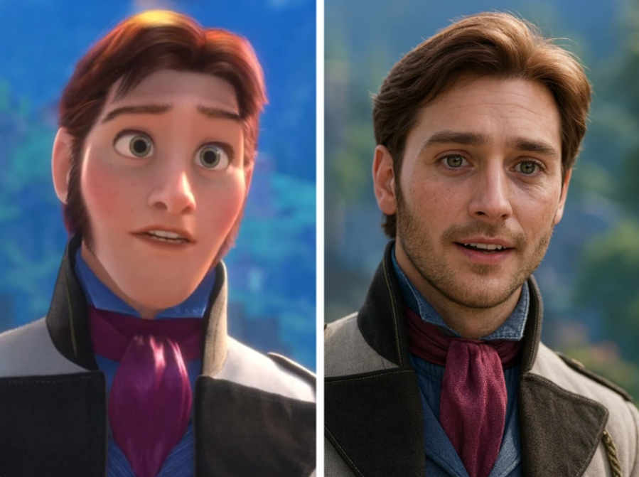 Ľavá strana: animovaná postava v modrom obleku, pravá strana: rovnaká postava ako realistický muž v podobnom oblečení.