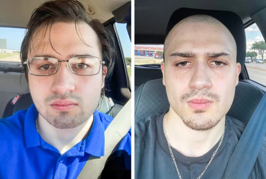 Dve fotografie muža pred a po ostrihaní vlasov, sediaceho v aute, zmena vzhľadu.