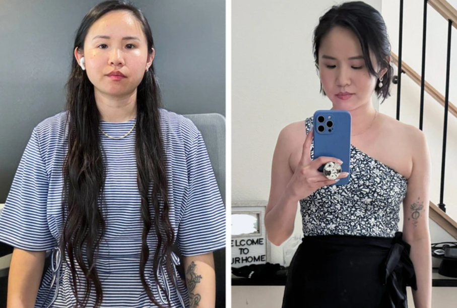 Žena pred a po premene: vľavo v pruhovanom tričku, vpravo v elegantných šatách s mobilom v ruke.