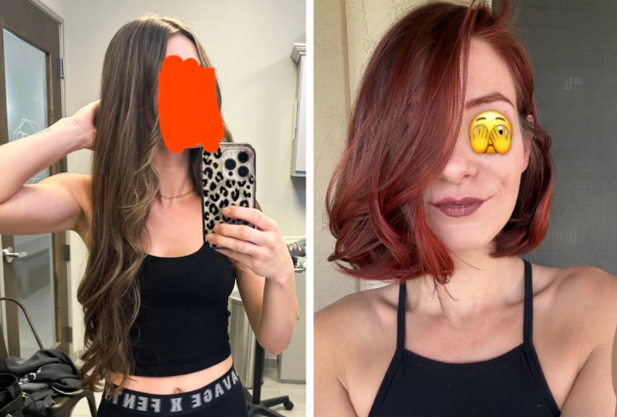 Dve ženy ukazujú svoje účesy: dlhé vlnité vlasy a krátky ryšavý bob, každá s fotoaparátom.