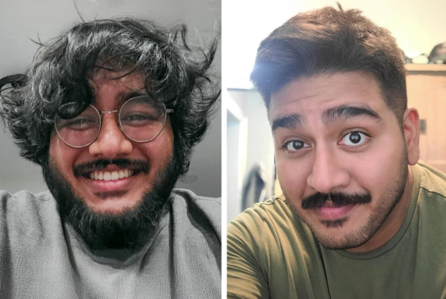 Dva portréty muža: vľavo s bradou a okuliarmi, vpravo s krátkym účesom a fúzami, oba s úsmevom.