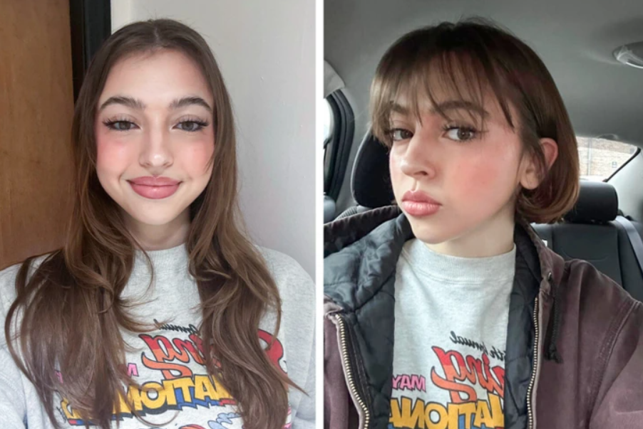 Dvojitý portrét mladej ženy pred a po zmene účesu v rôznych prostrediach.