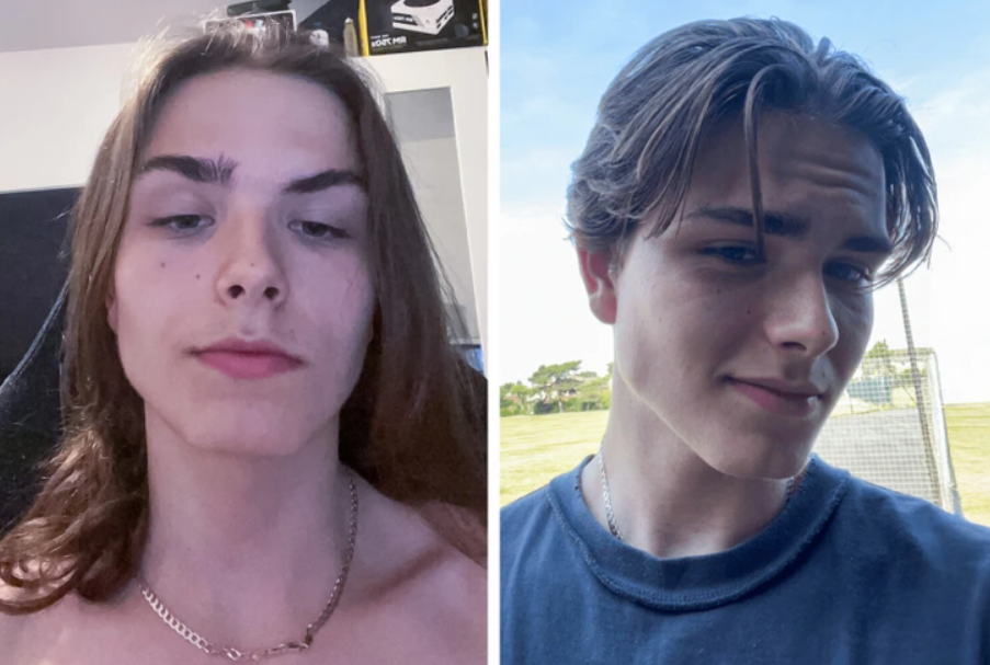 Ľavá a pravá fotka mladíka s rôznymi účesmi a osvetlením v interiéri a exteriéri.