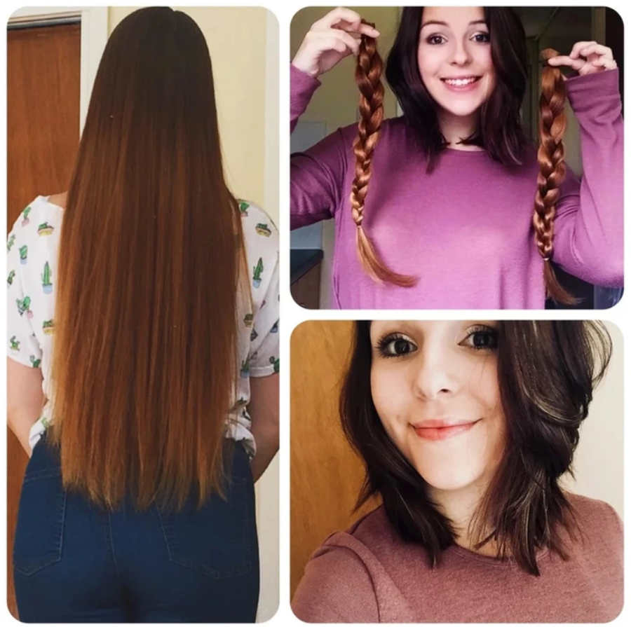 Žena pred a po strihaní: dlhé vlasy, odstrihnuté vrkoče, nový krátky účes s úsmevom.