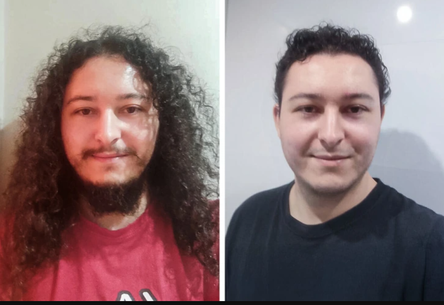 Muž s dlhými kučeravými vlasmi a bradou vedľa muža s krátkymi vlasmi, portréty pred a po účese.