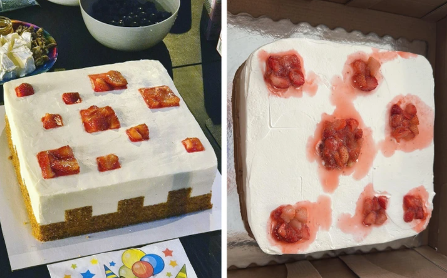 Dva štvorcové koláče s bielou polevou, zdobené kúskami jahôd s rôznymi vzormi.