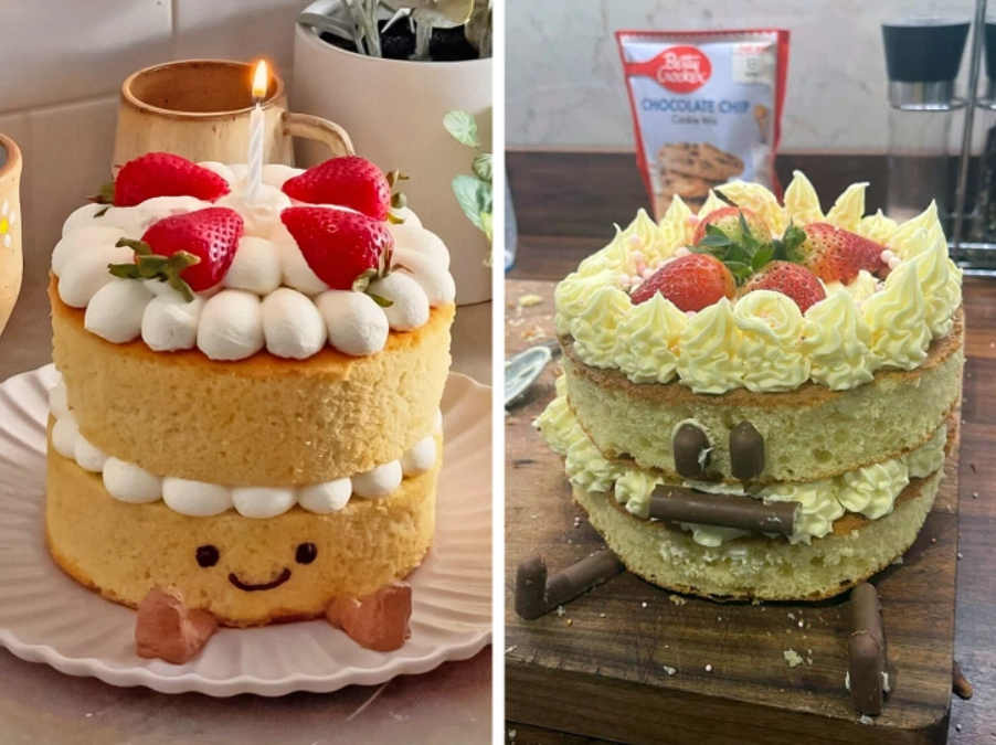 Dva roztomilé tortové dezerty zdobené jahodami a krémom, usporiadané vedľa seba na kuchynskej linke.