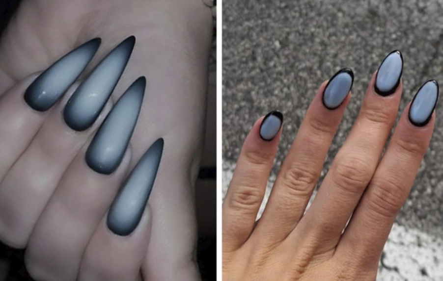 Moderný čiernobiely gradientný dizajn nechtov, špicaté a zaoblené tvary pre elegantný vzhľad.