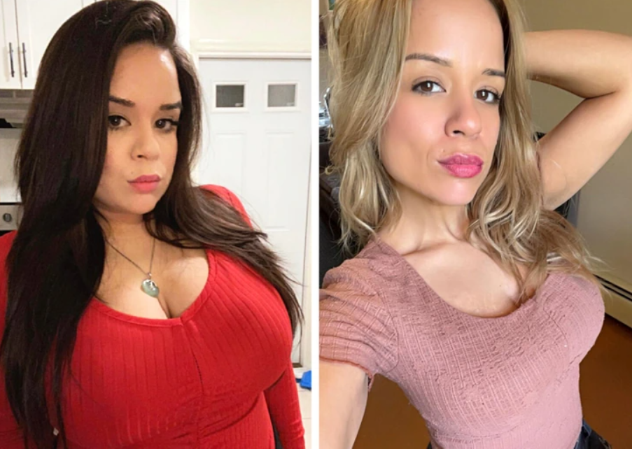 Dve ženy v rôznych outfitoch pózujú pred kamerou v interiéri, každá z nich má svoj štýl a výraz.