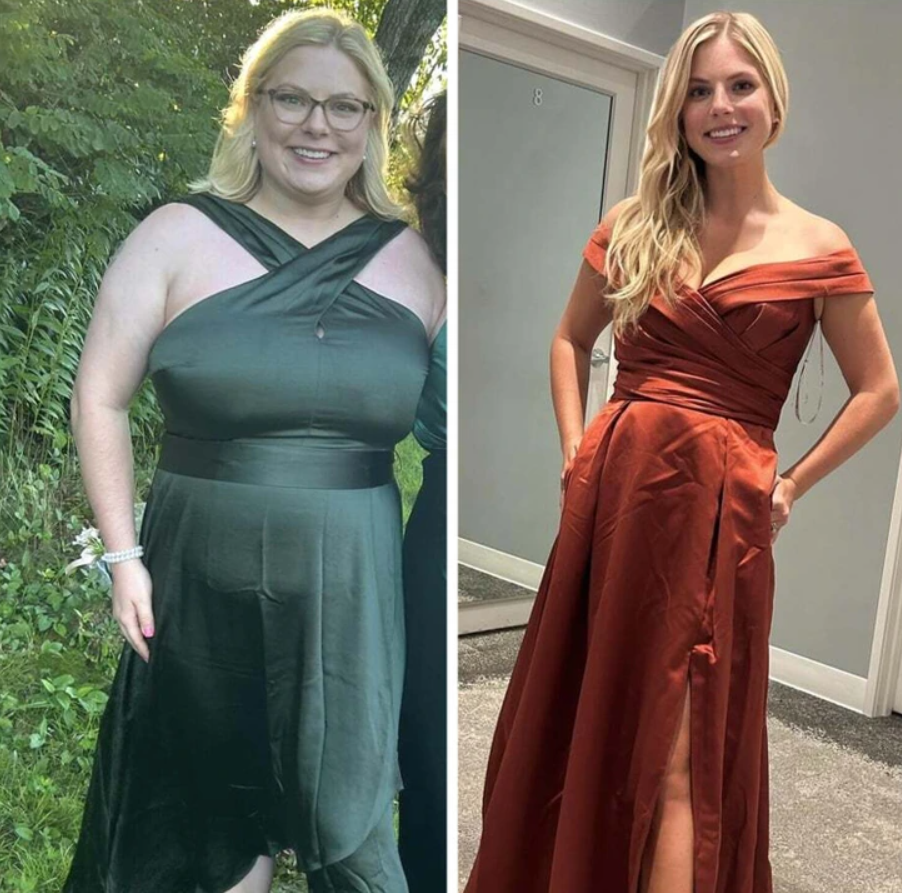 Dve ženy v elegantných šatách pózujú: jedna v zelenej vonku, druhá v hnedej vo vnútri.