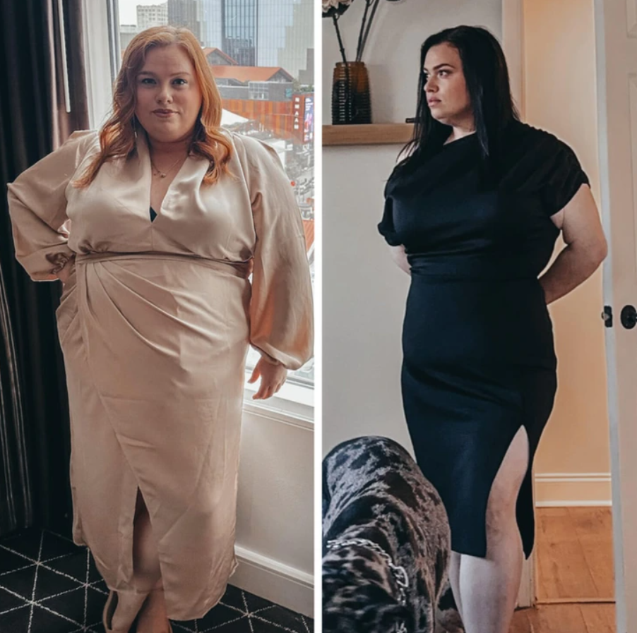 Žena v béžových šatách pri okne, žena v čiernych šatách v interiéri, obe v elegantnom oblečení.