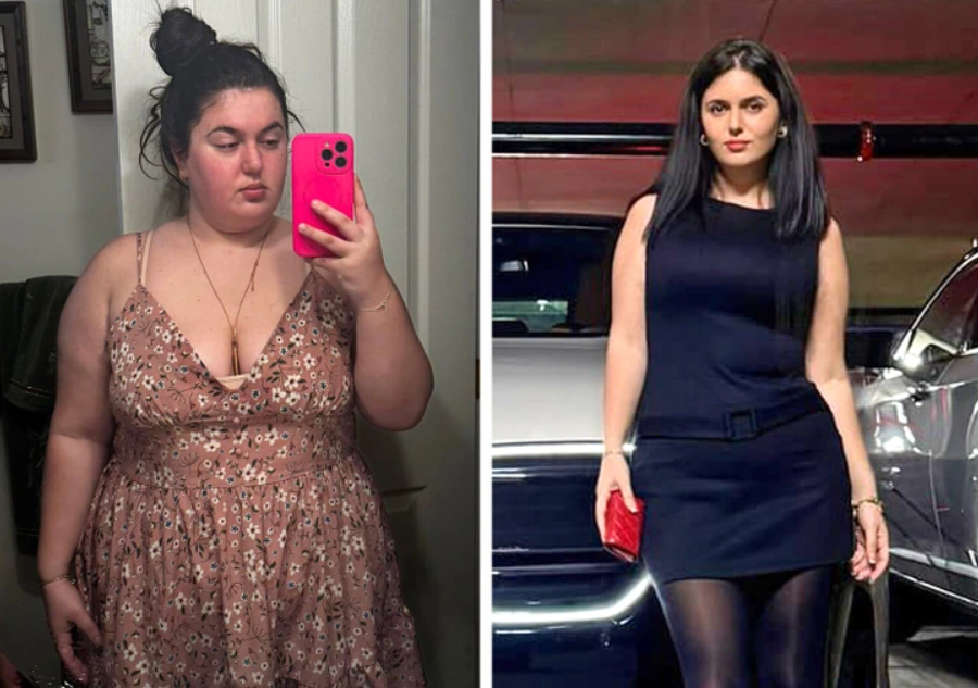 Osoba v kvetovaných šatách v zrkadle vedľa osoby vo večernom outfite s kabelkou pred autom.