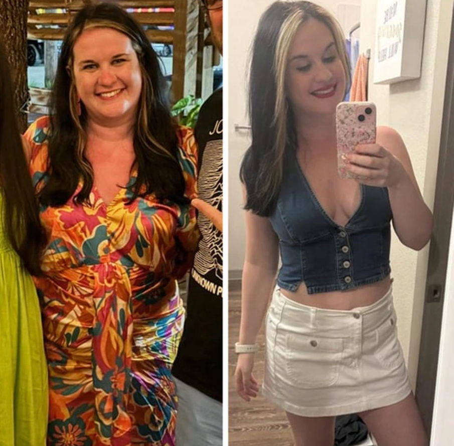 Dva fotografie ženy pred a po výraznej zmene vzhľadu. Farebné šaty vľavo, rifľová vesta a biela sukňa vpravo.