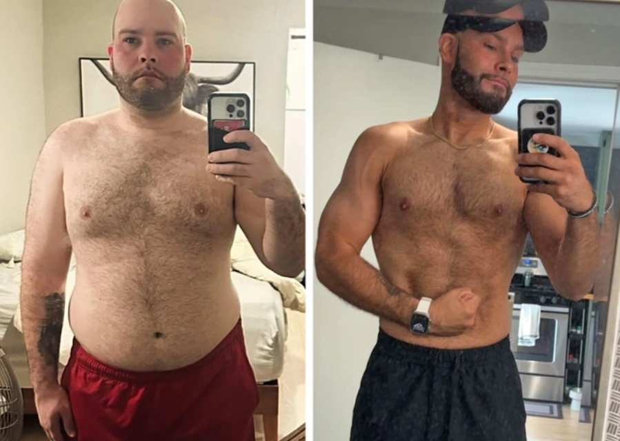 Osoba pred a po premene: chudnutie a svalnatá postava dosiahnutá po trénovaní a zmene životného štýlu.