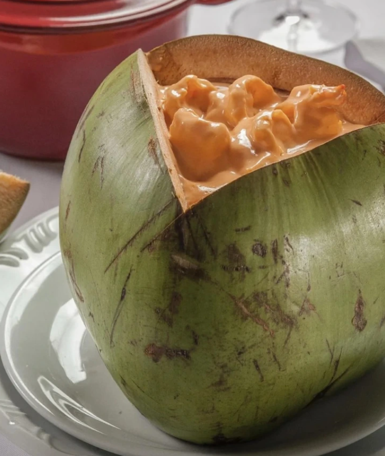 Kokos plnený krémovým jedlom, servírovaný na tanieri, luxusné exotické gurmánske pochúťky.