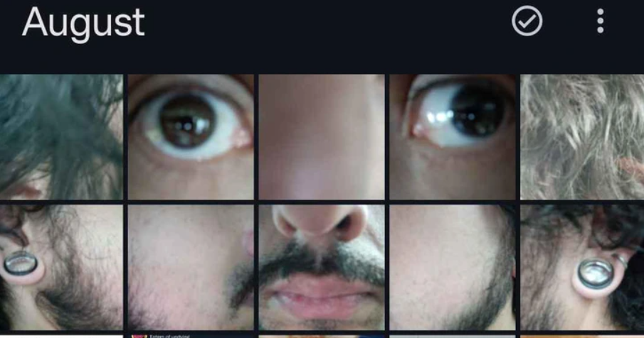 Koláž detailných záberov pleti, očí a uší muža s piercingom v uchu.