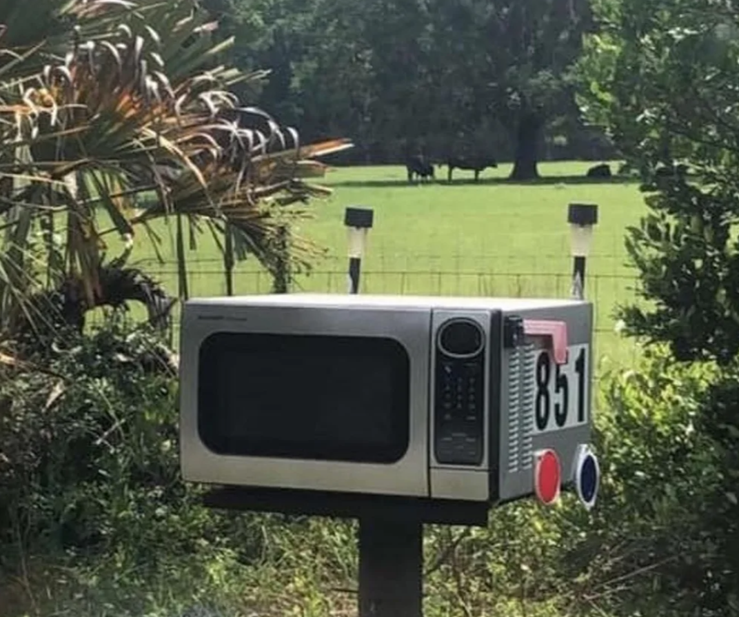 Poštová schránka v tvare mikrovlnky na vidieckej ceste, obklopená zeleňou.