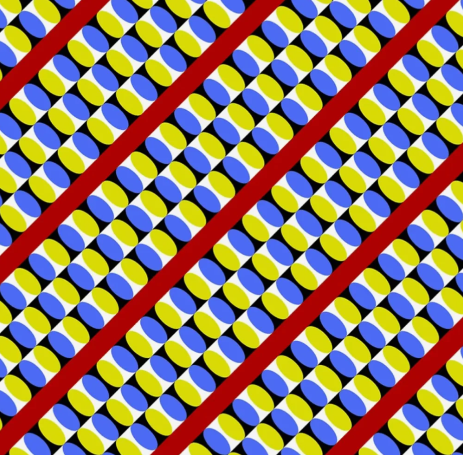 Optická ilúzia s geometrickými vzormi v diagonálnych líniách v modrej, žltej a červenej farbe.