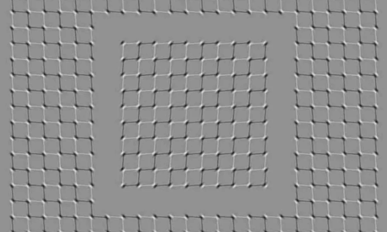 Optická ilúzia s kockami vytvára dojem pohybu v strede šedého pozadia.