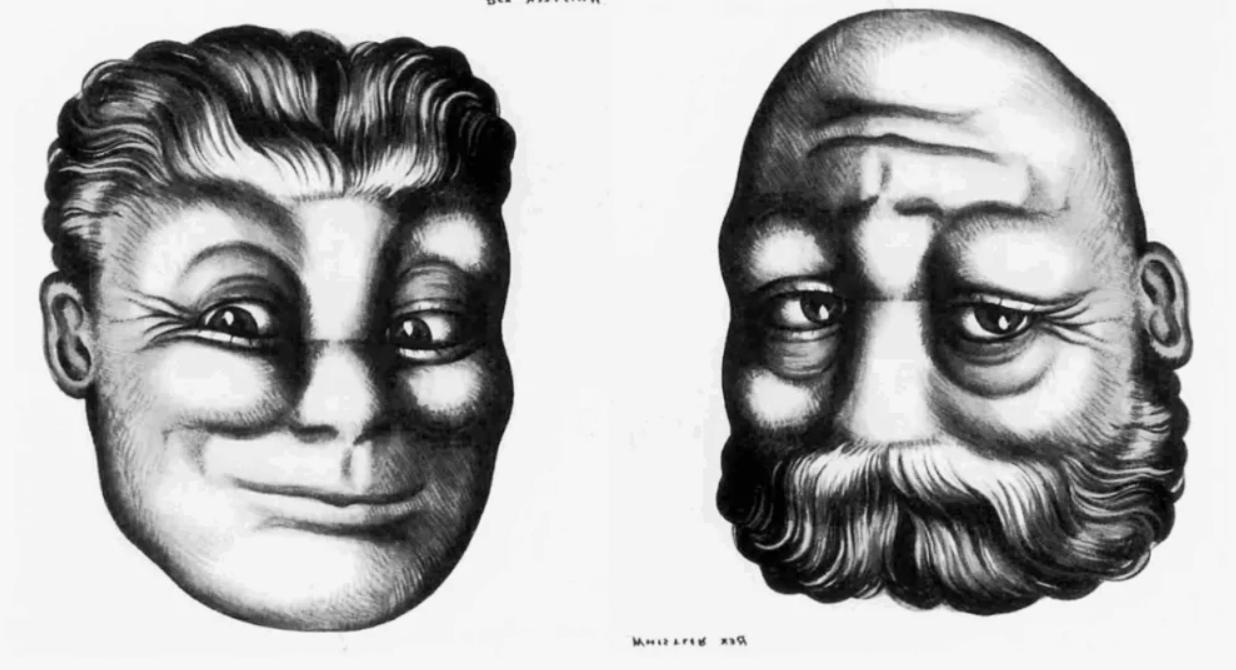 Dve optické ilúzie, jedna ilustruje muža a druhá ho v zrkadlovej symetrii.