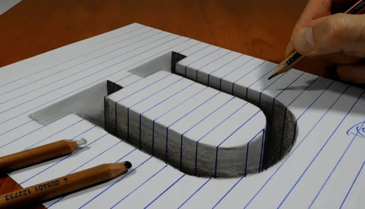 Trojrozmerná kresba na papieri vytvára ilúziu otvoru, vytvorená pomocou ceruziek na riadkovanom papieri.